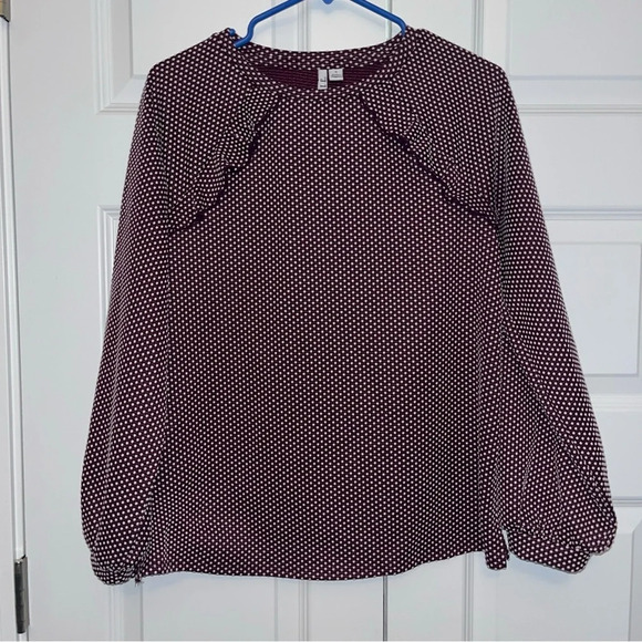 Elle Women’s S Ruffle Sweatshirt Plum Polka Dot Pullover Top Casual - Picture 1 of 7
